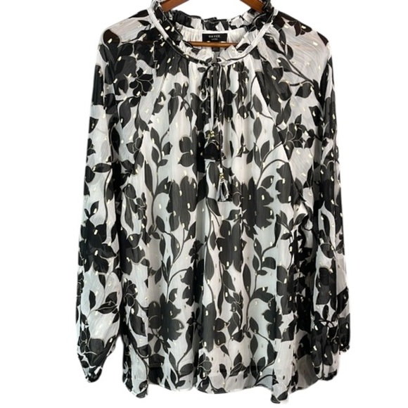 Haver. London NWOT Plisse Floral Top Ruffled Keyhole Tied Neck Long Sleeve 2X - Picture 2 of 13